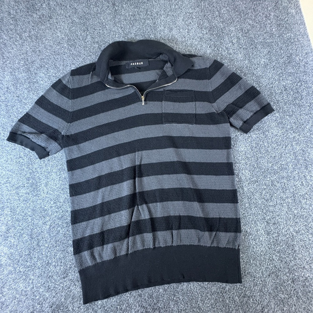 Pacsun Polo Shirt Mens Medium Gray Black Striped Textured Cotton Quarter Zip